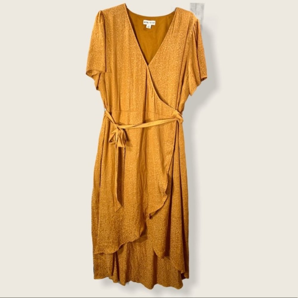 AVA & VIV Size 1X Crepe V-Neck Yellow Waist Dress